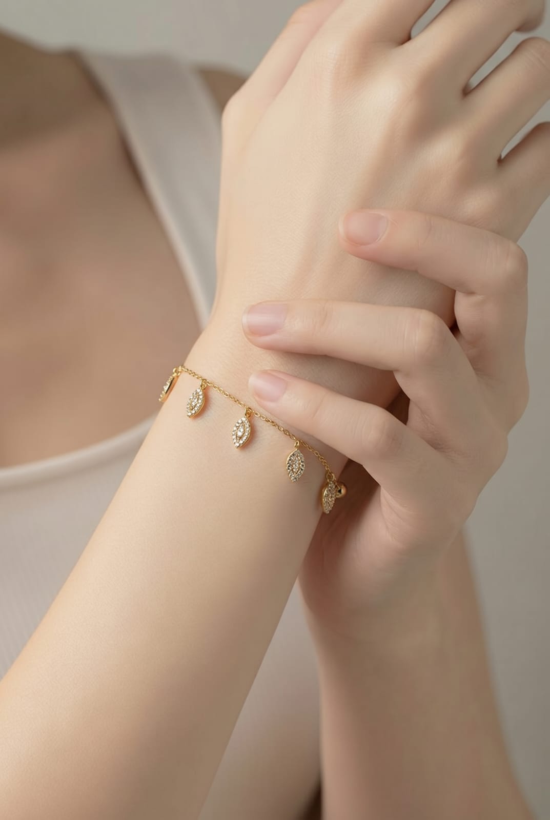 Gold Marquise Leaf Charm Dangle Bracelet