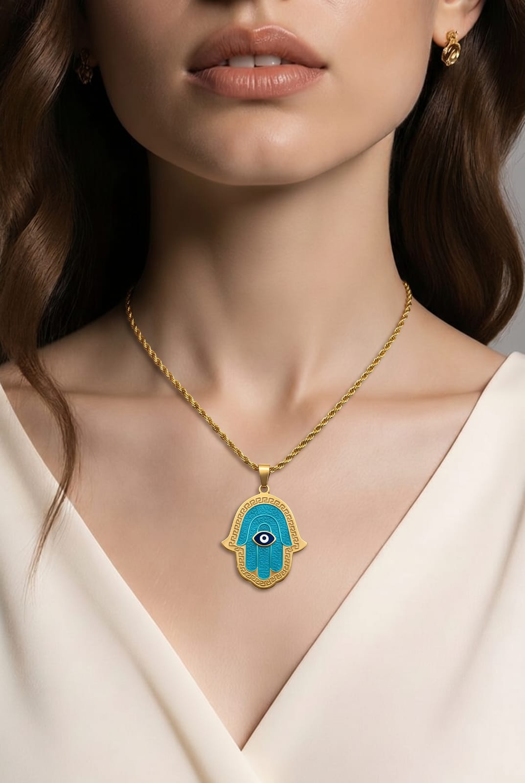 Turquoise Enamel Hamsa Evil Eye Gold Rope Chain Necklace