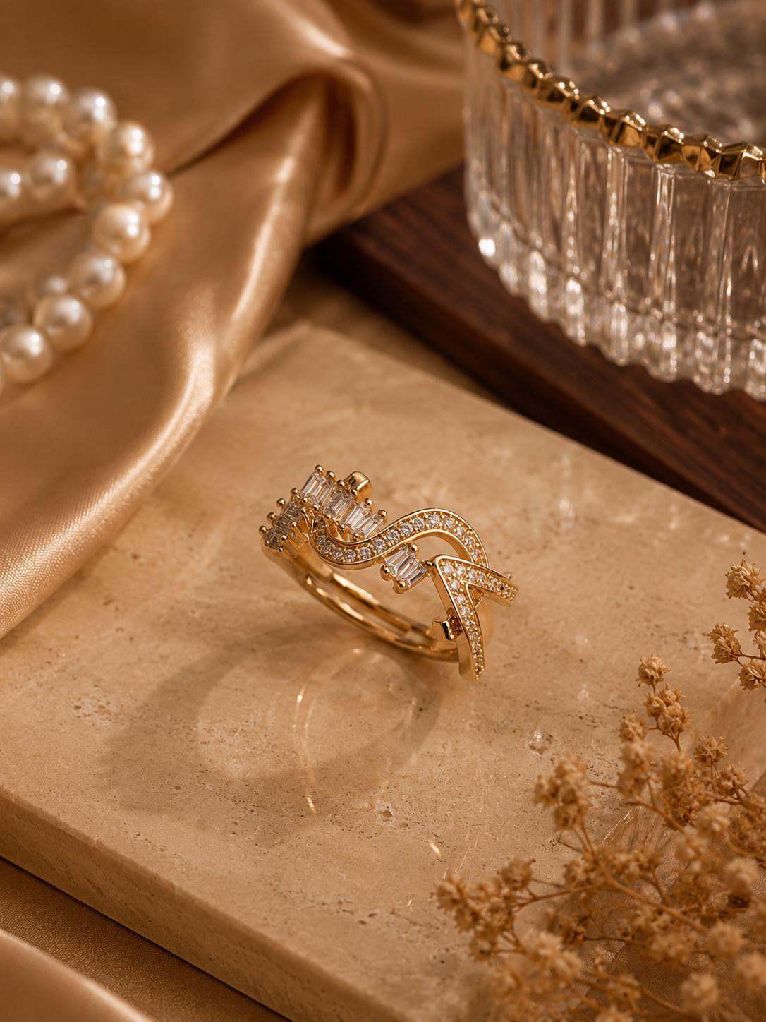 Vague Baguette Cluster Pavé Wave Double-Band Ring in Gold
