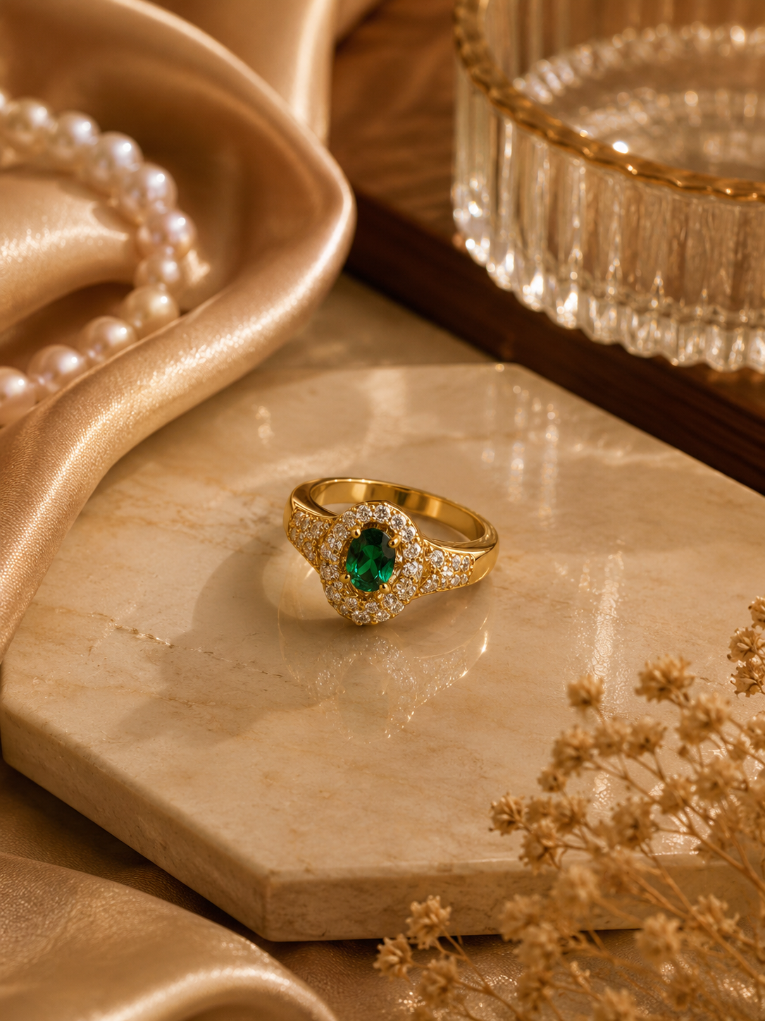 Impératrice Oval Emerald Halo Pink Ring in Gold