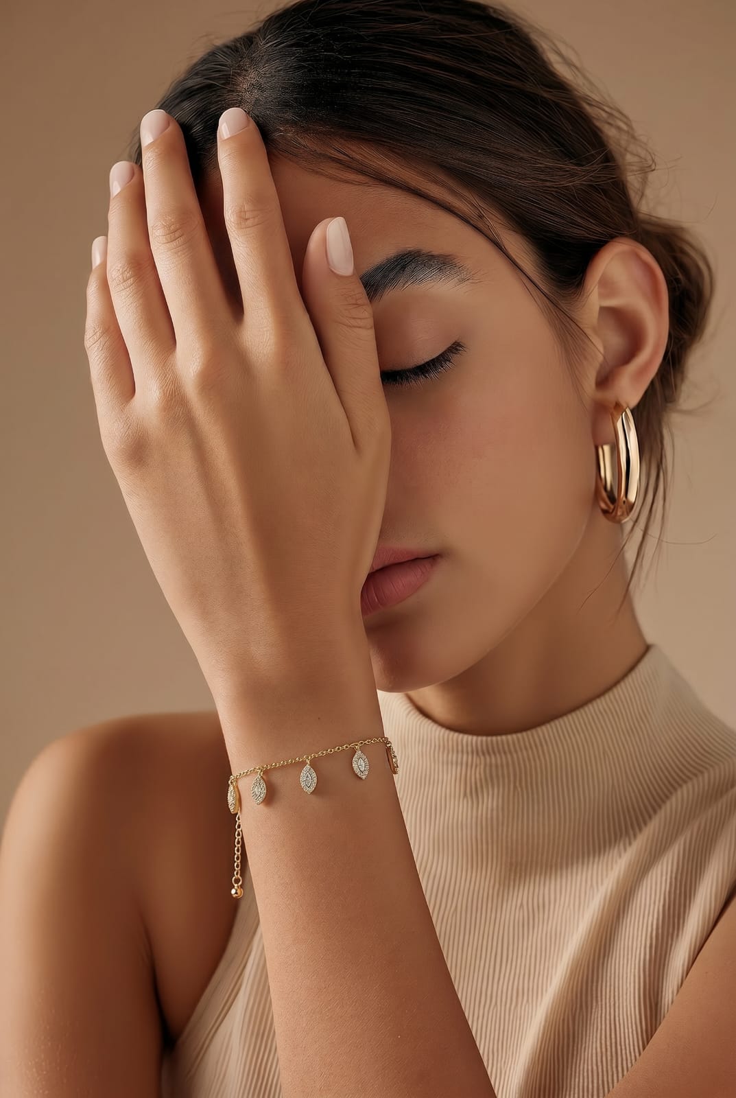 Gold Marquise Leaf Charm Dangle Bracelet