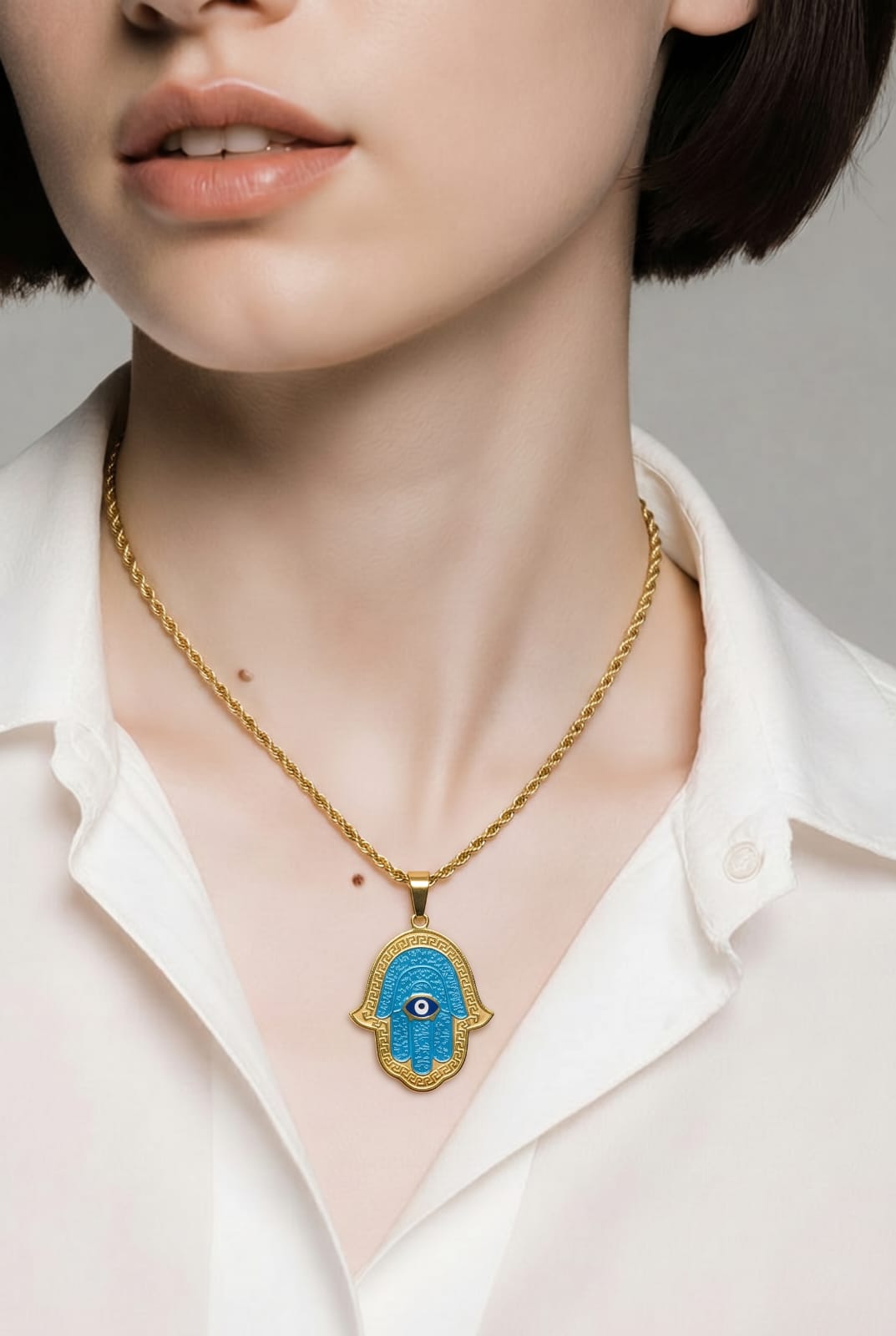 Turquoise Enamel Hamsa Evil Eye Gold Rope Chain Necklace