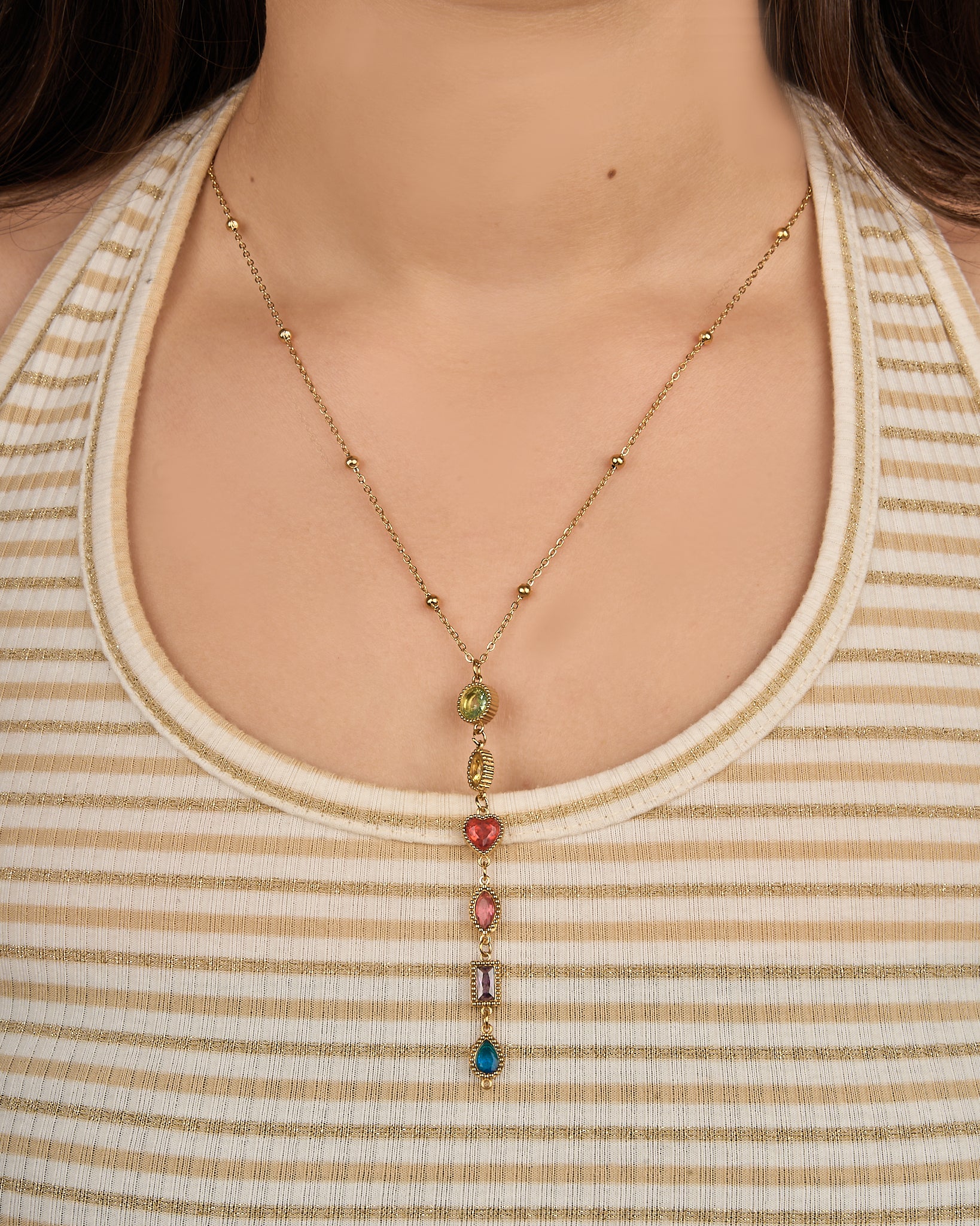 Rainbow Gemstone Lariat Drop Necklace