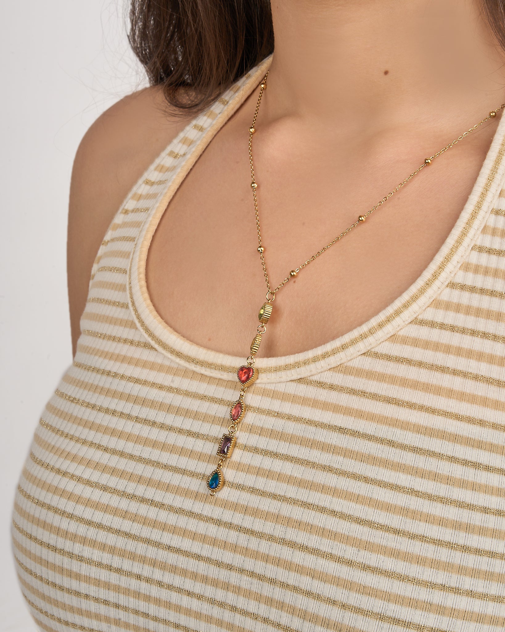 Rainbow Gemstone Lariat Drop Necklace