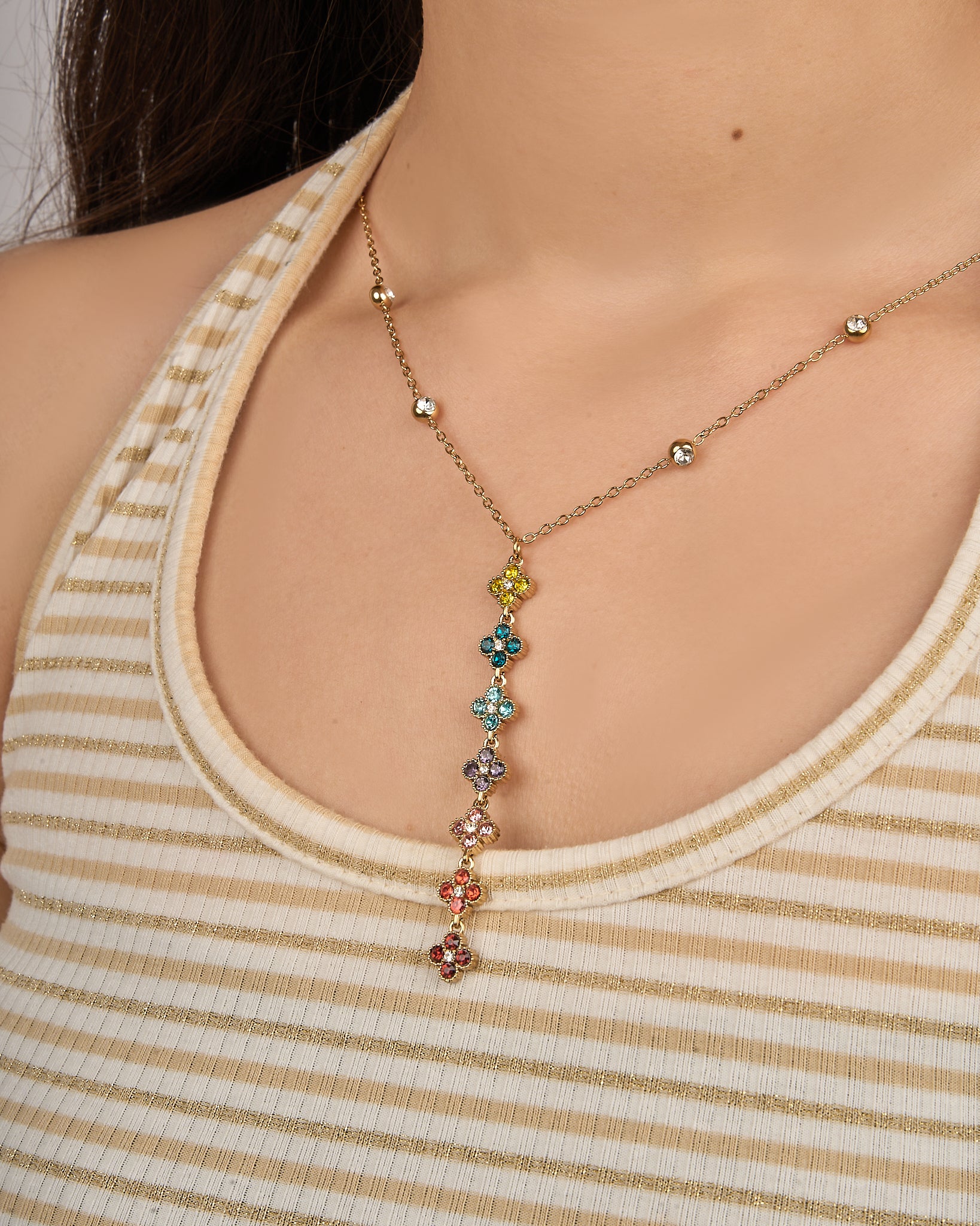 Rainbow Clover Cascade Lariat Necklace