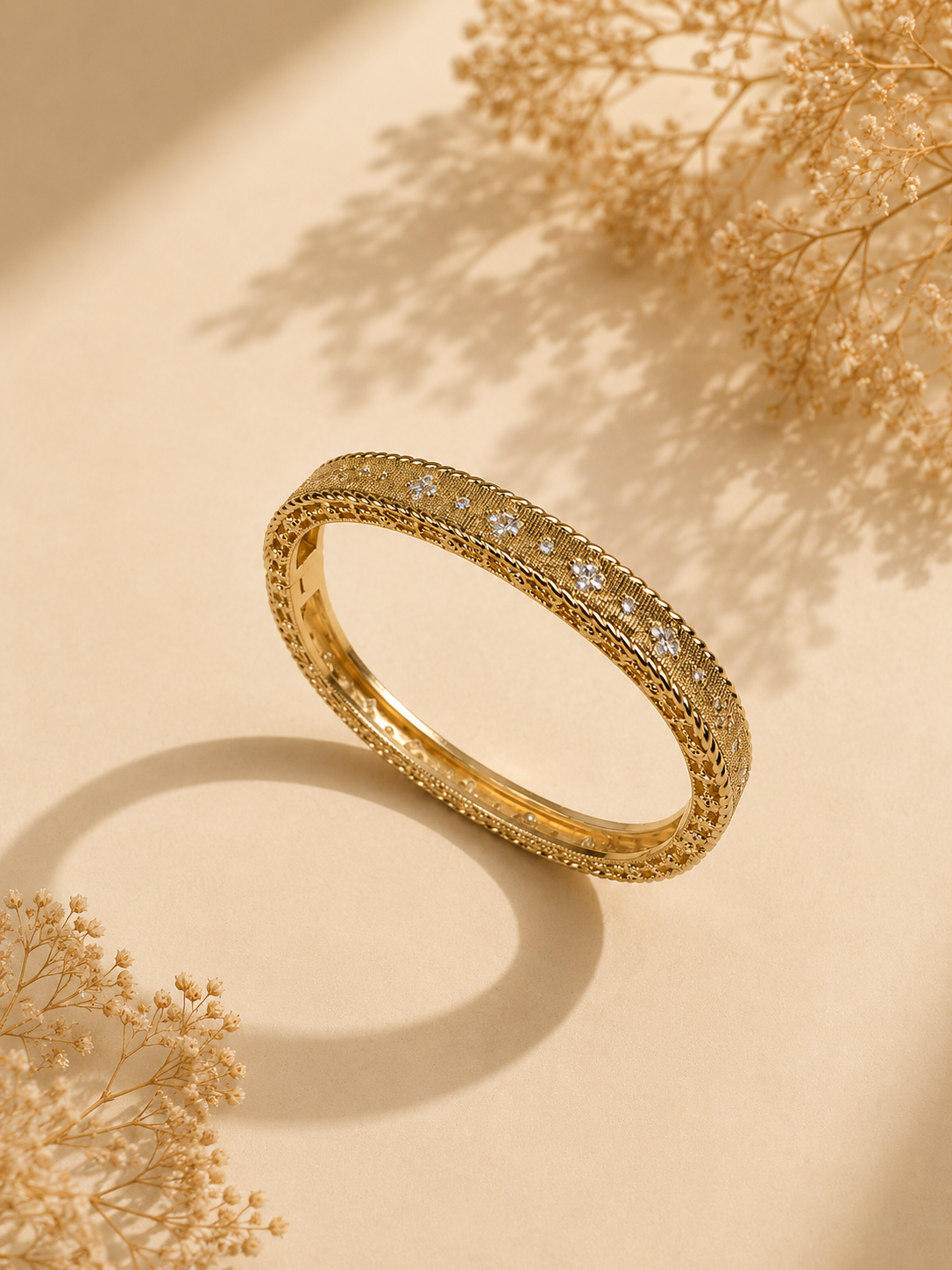 Étoile Milgrain Textured Bangle with Scattered CZ Stars in Gold