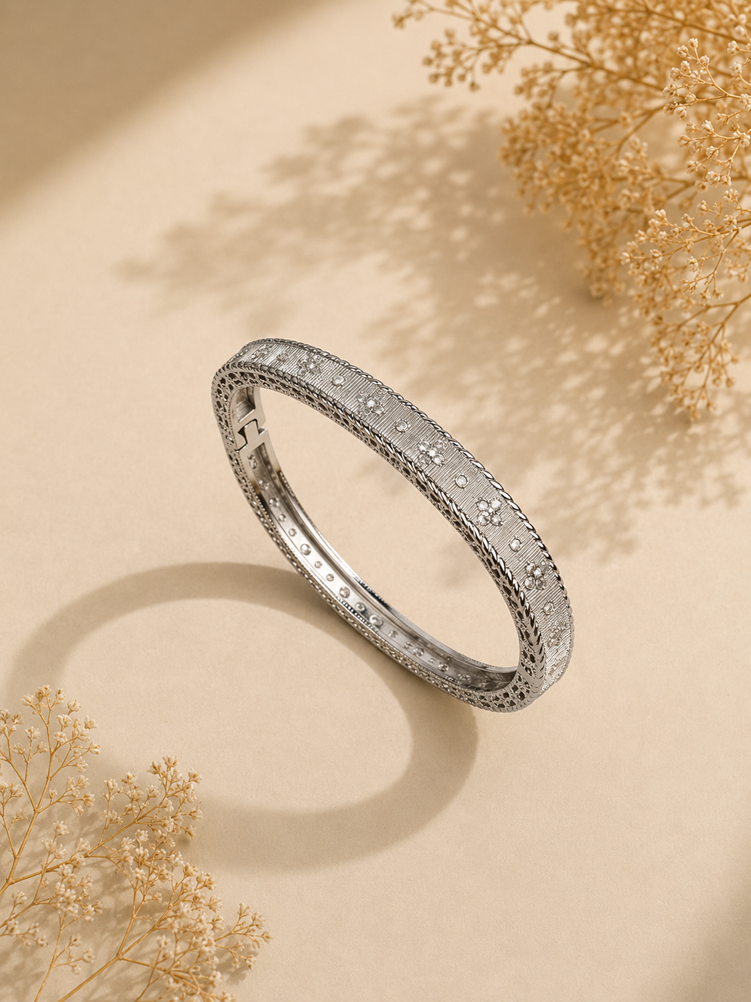 Étoile Milgrain Textured Bangle with Scattered CZ Stars in Silver