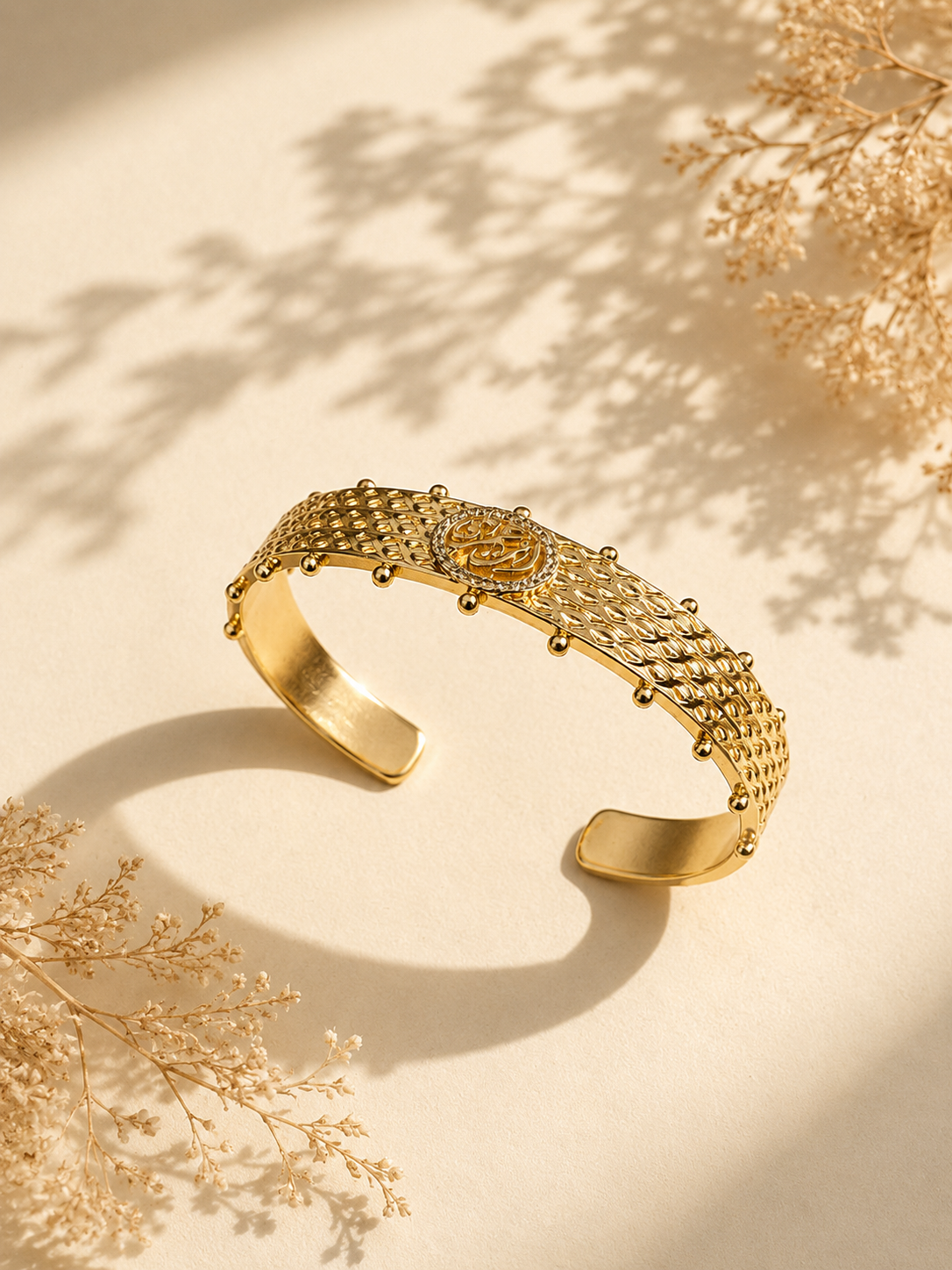 Mashrabiya Dotted Lattice Cuff Bangle with Arabic Medallion in Gold