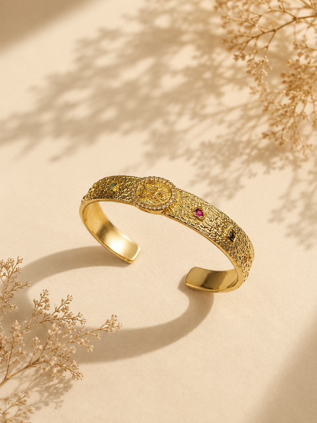 Turath Hammered Gold Cuff Bangle with Arabic Medallion & Gems