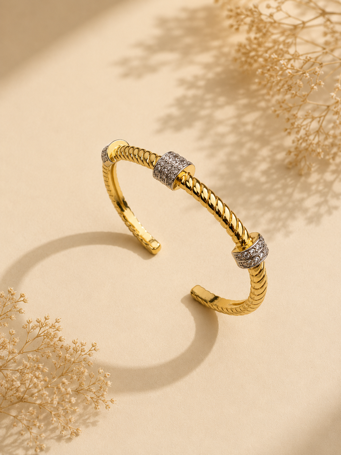 Torsade Twisted Rope Cuff with Pavé CZ Barrel Rings in Two-Tone