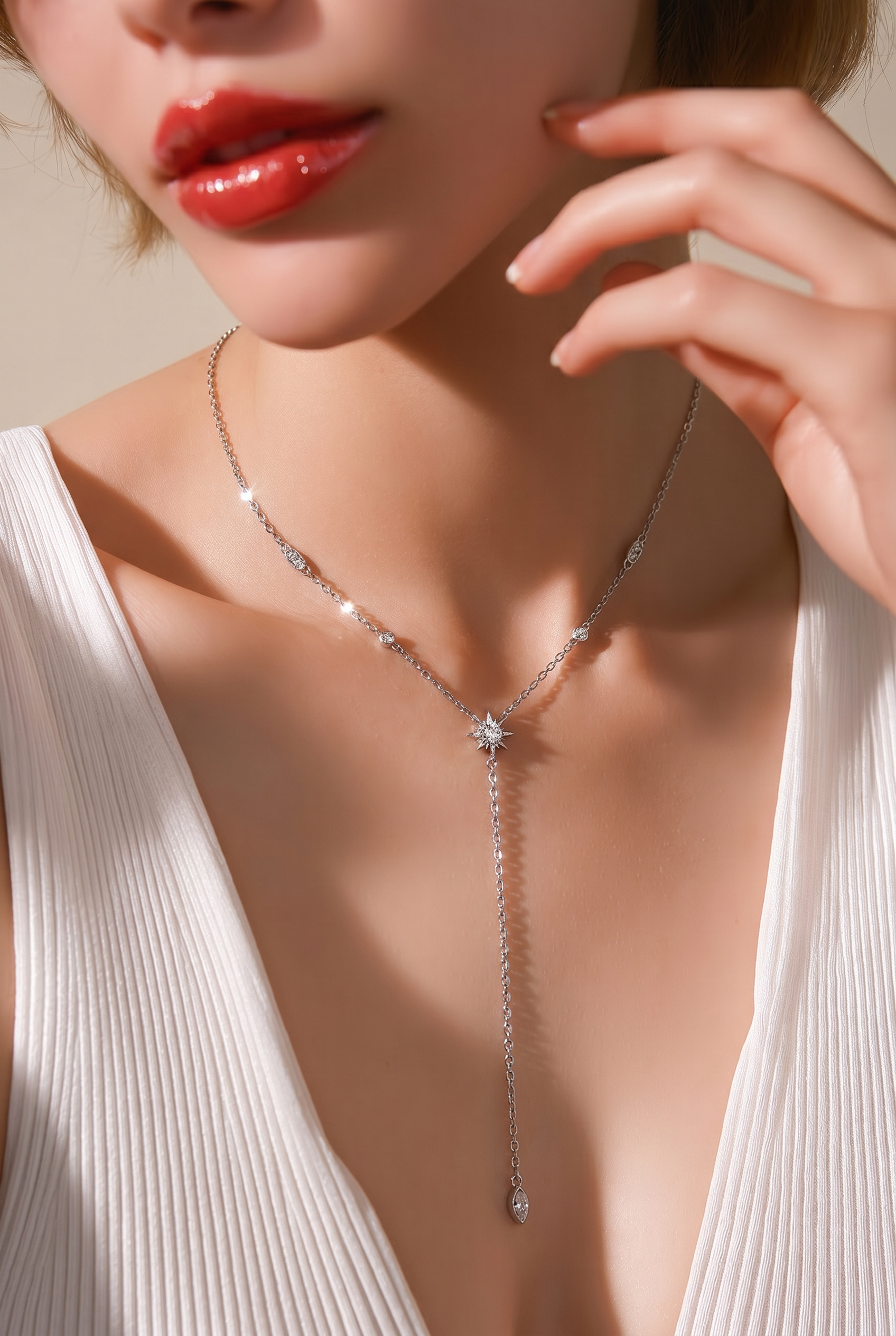 Étoile North Star Lariat Necklace with Marquise Drop in Silver