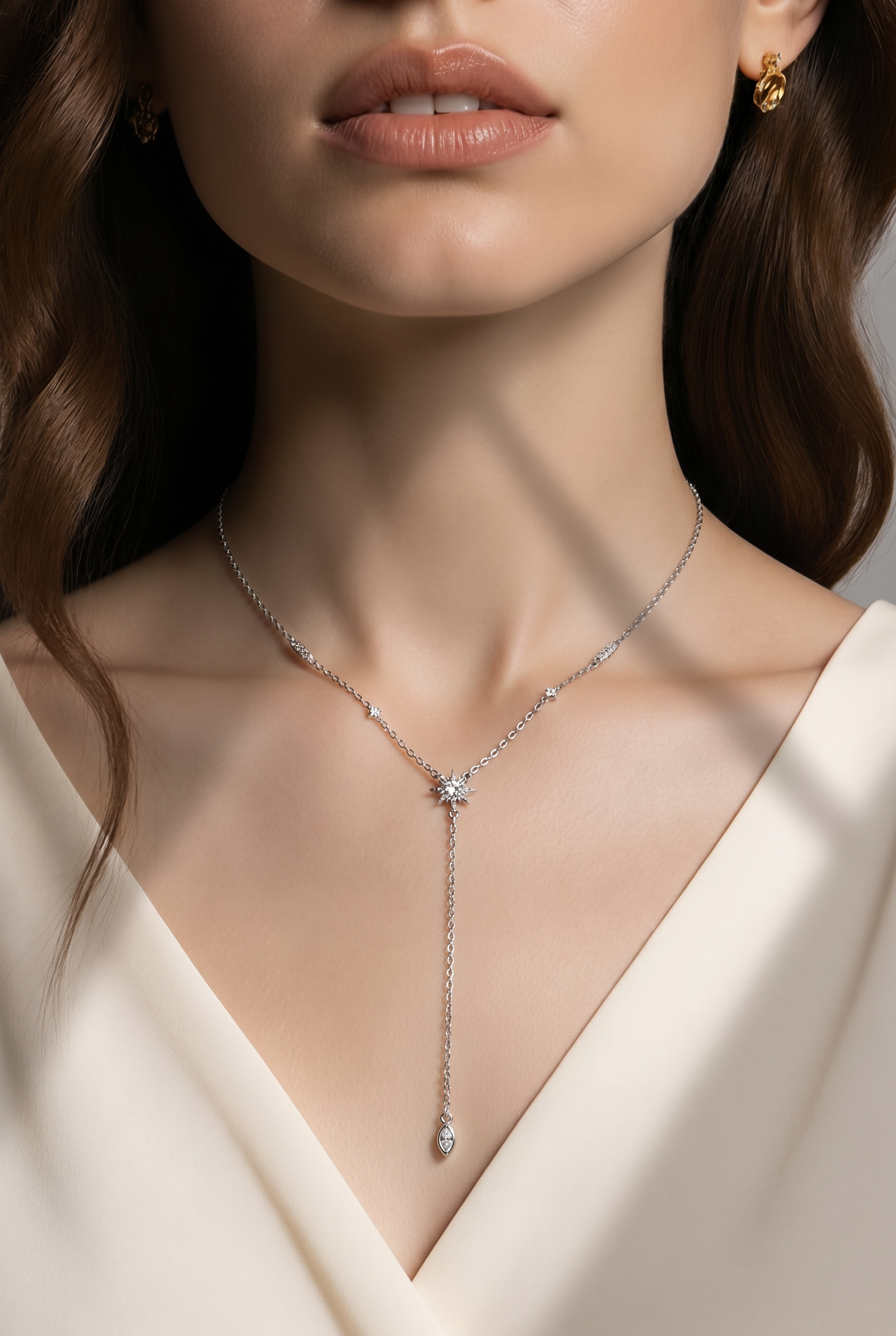 Étoile North Star Lariat Necklace with Marquise Drop in Silver