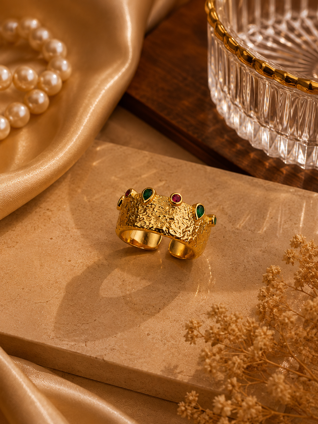 Couronne Royale Hammered Gold Wide Crown Ring with Multicolor Gems