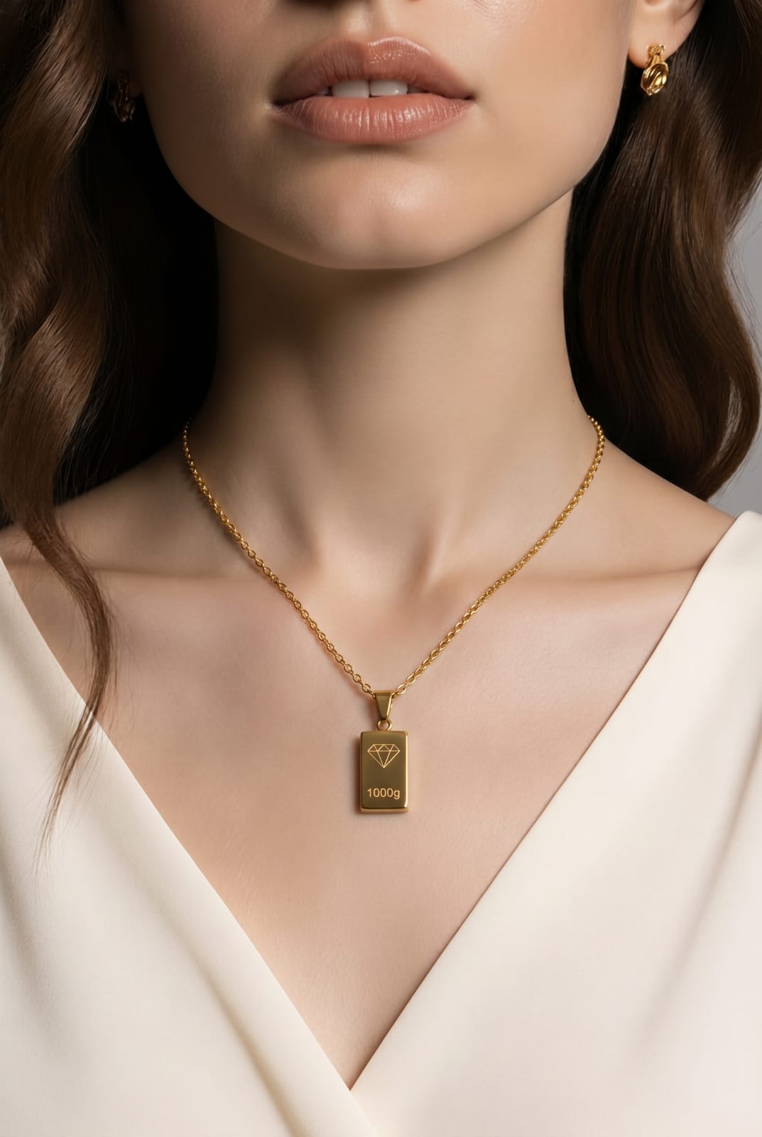 Gold Ingot Bar Diamond Engraved Pendant Rope Chain Necklace