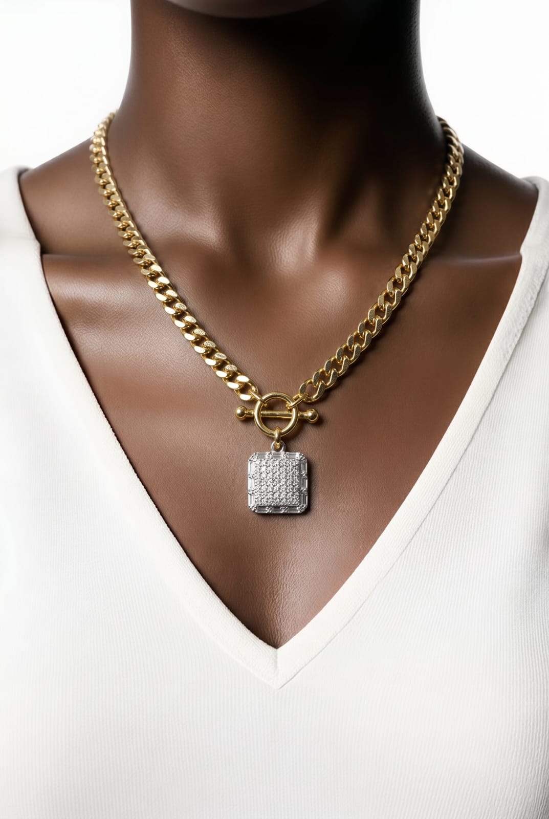 Pavé Square Pendant Cuban Curb Chain Toggle Necklace