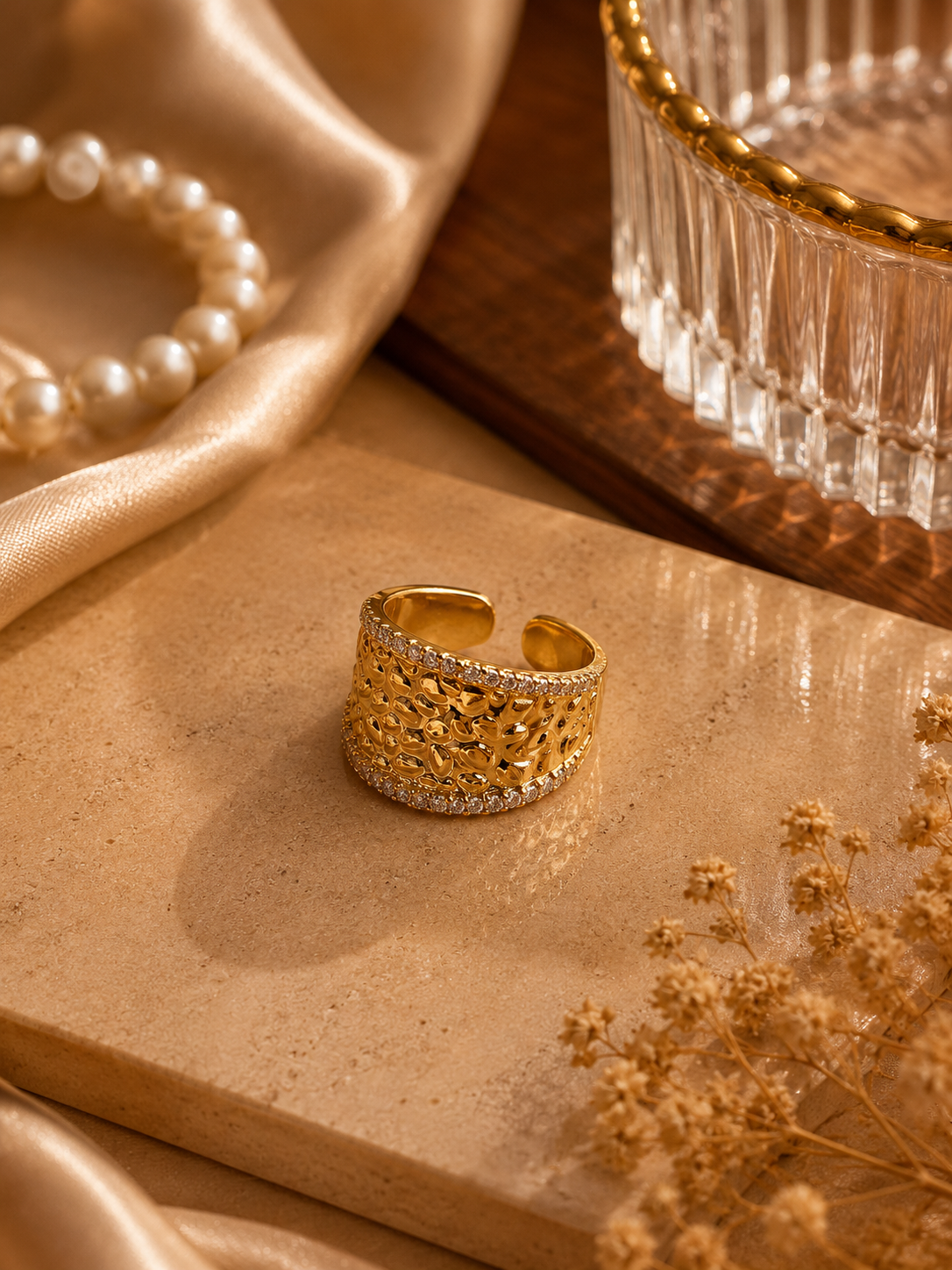 Martelé Wide Hammered Gold Cuff Ring with Pavé CZ Borders