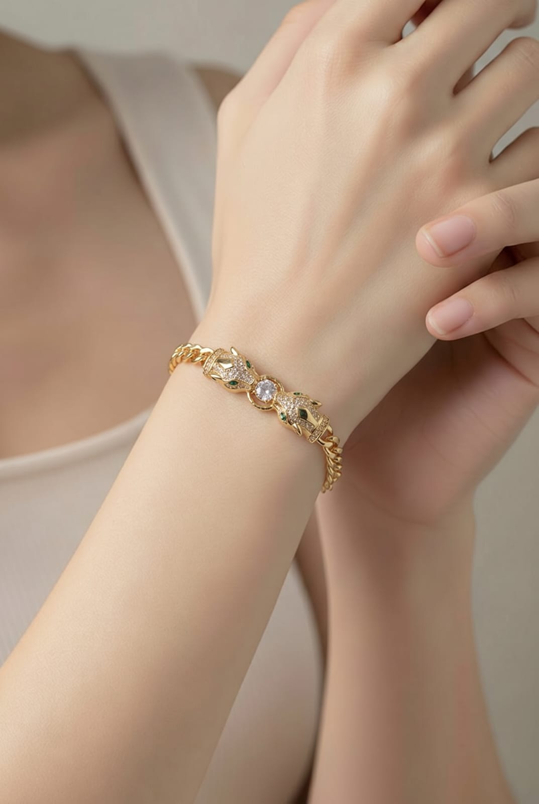 Dual Panther Solitaire Cuban Chain Bracelet