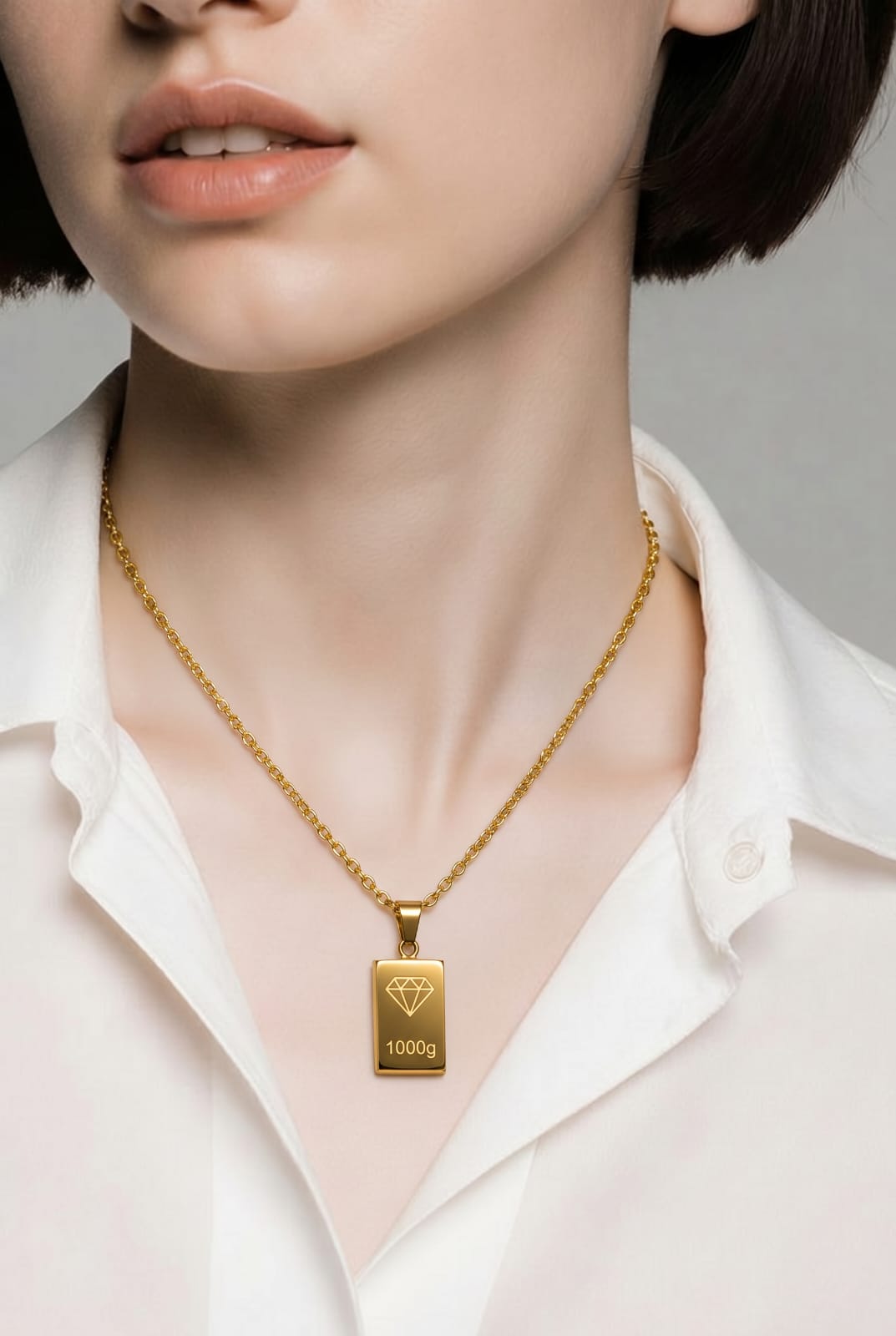 Gold Ingot Bar Diamond Engraved Pendant Rope Chain Necklace