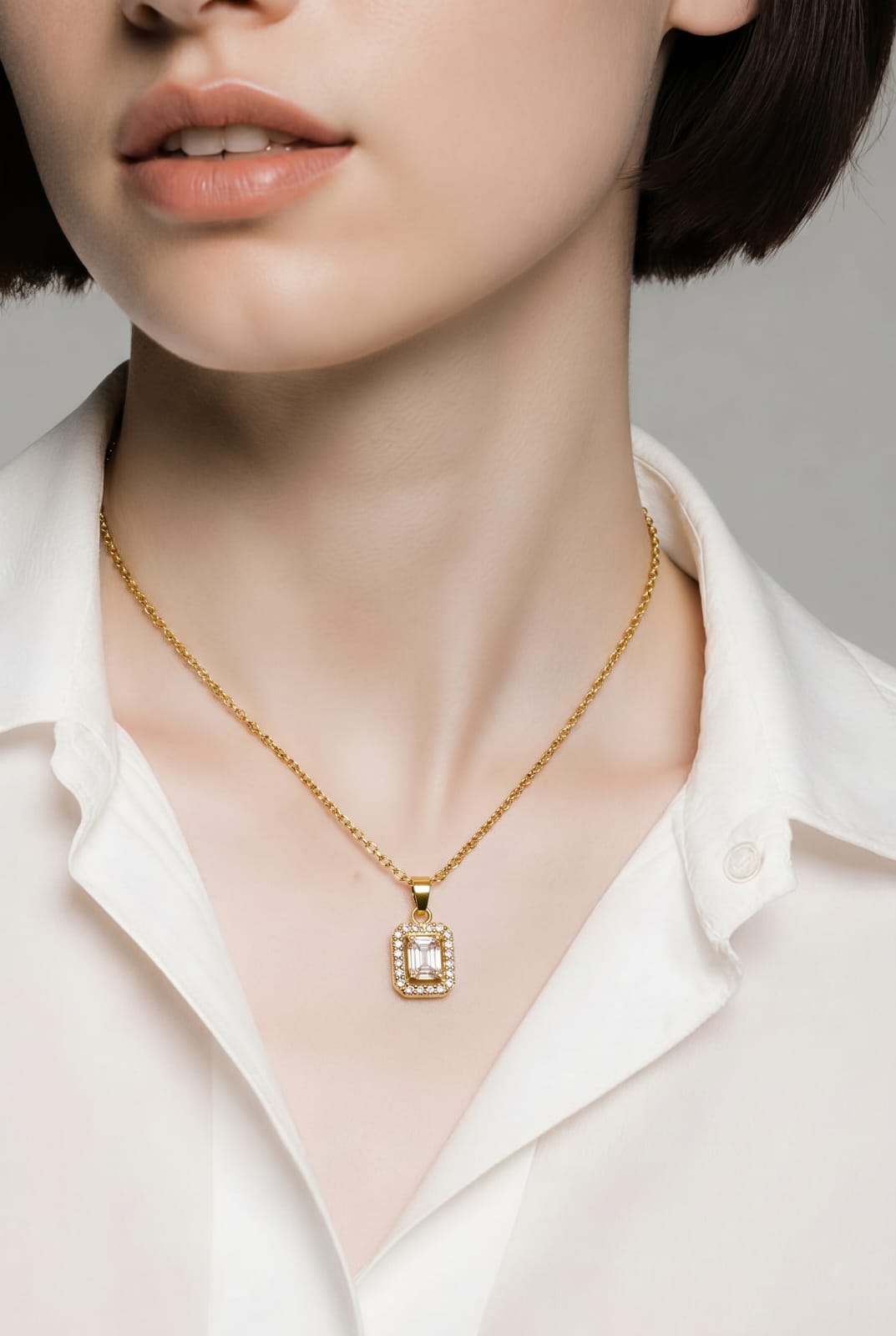 Baguette Halo Pendant Gold Rope Chain Necklace