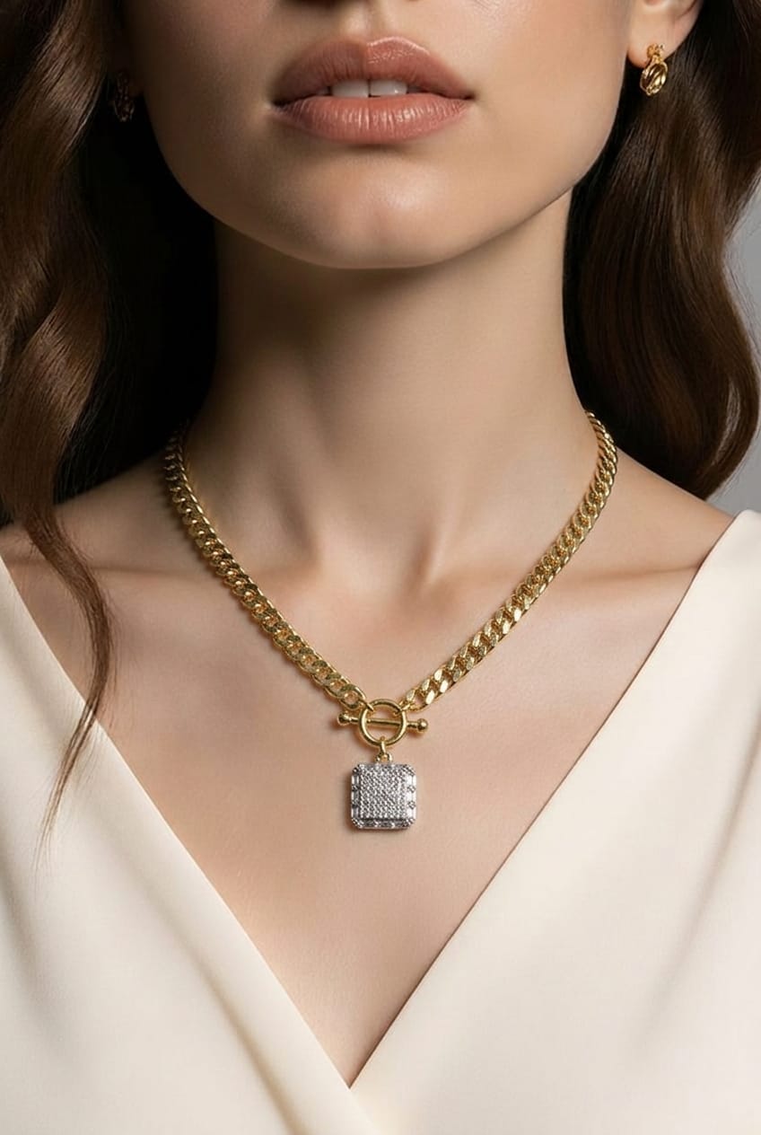 Pavé Square Pendant Cuban Curb Chain Toggle Necklace