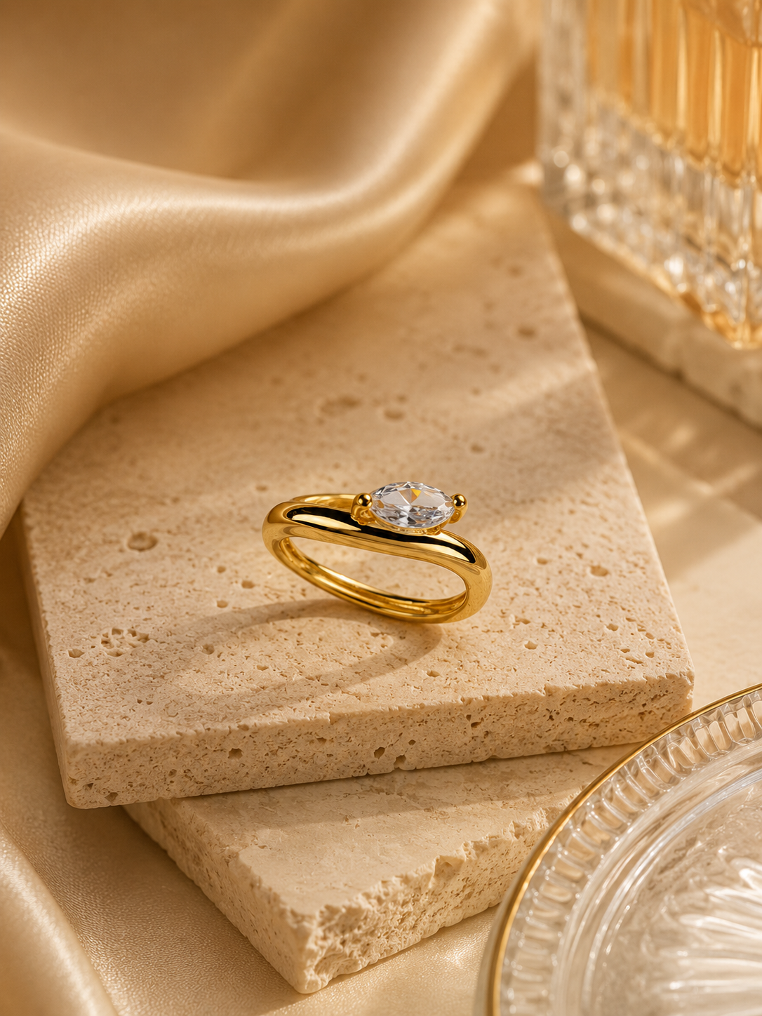 Navette Marquise Solitaire Bypass Pink Ring in Gold