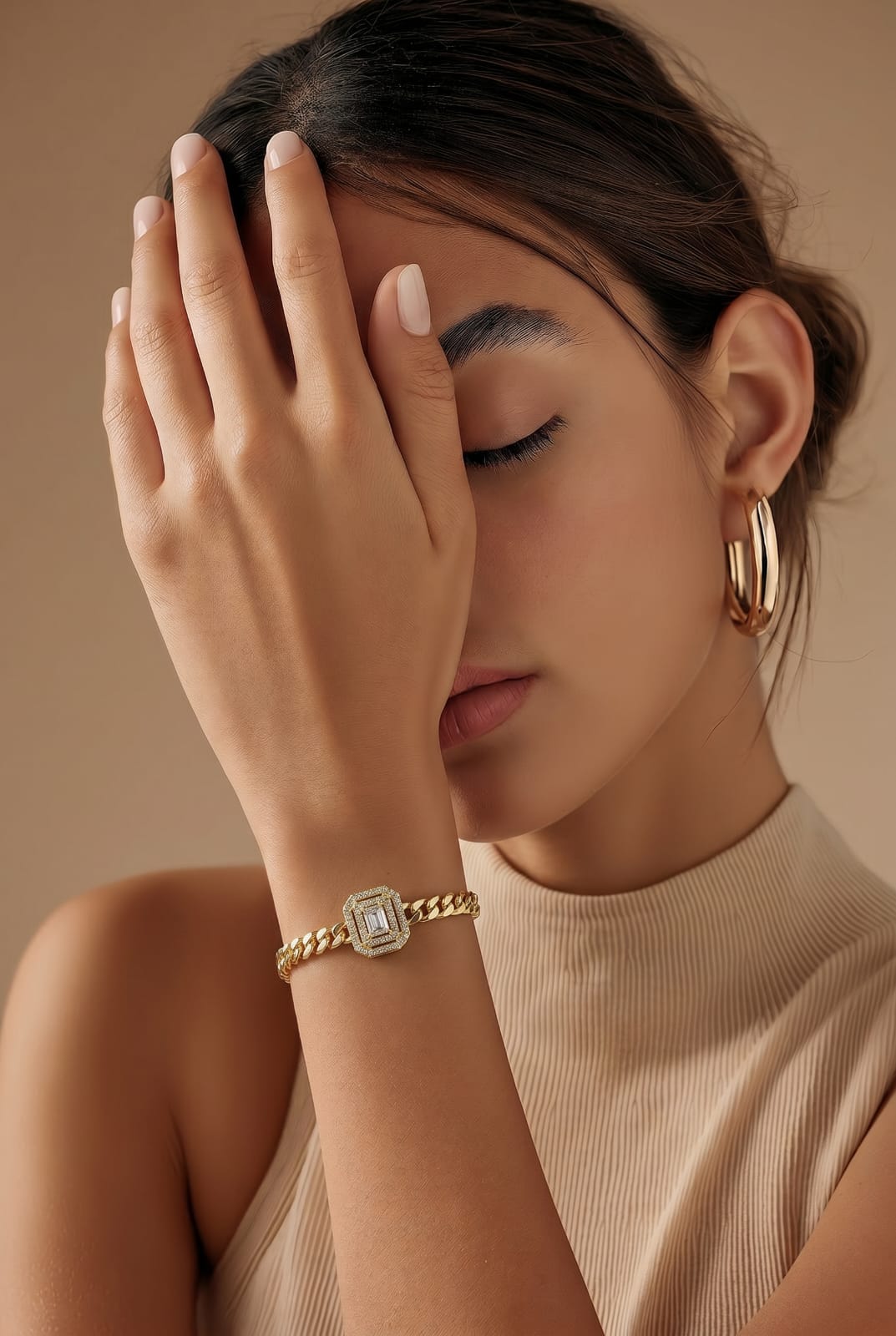 Baguette Emerald-Cut Halo Curb Chain Bracelet