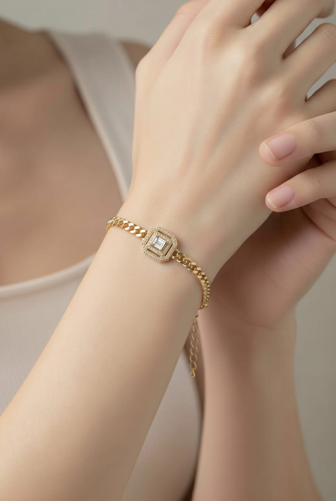 Baguette Emerald-Cut Halo Curb Chain Bracelet