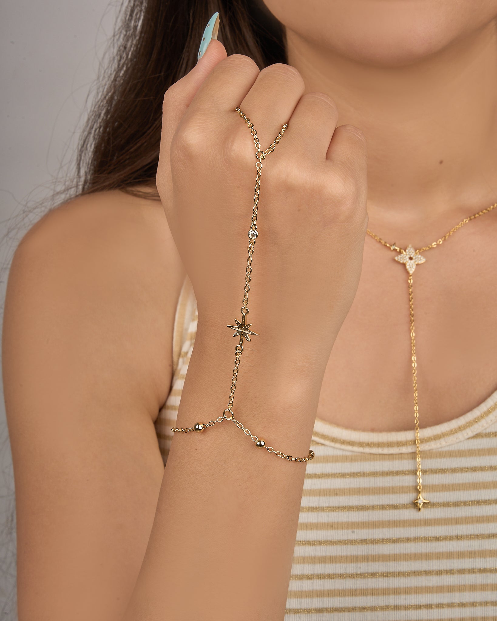 Stellar Set — North Star Hand Chain & Lariat Necklace in Gold