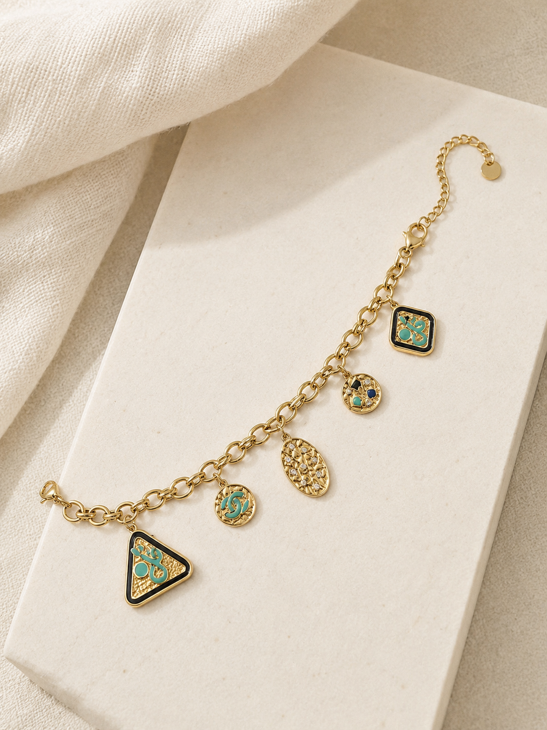 Prada-Inspired Enamel Geometric Charm Bracelet in Gold & Turquoise