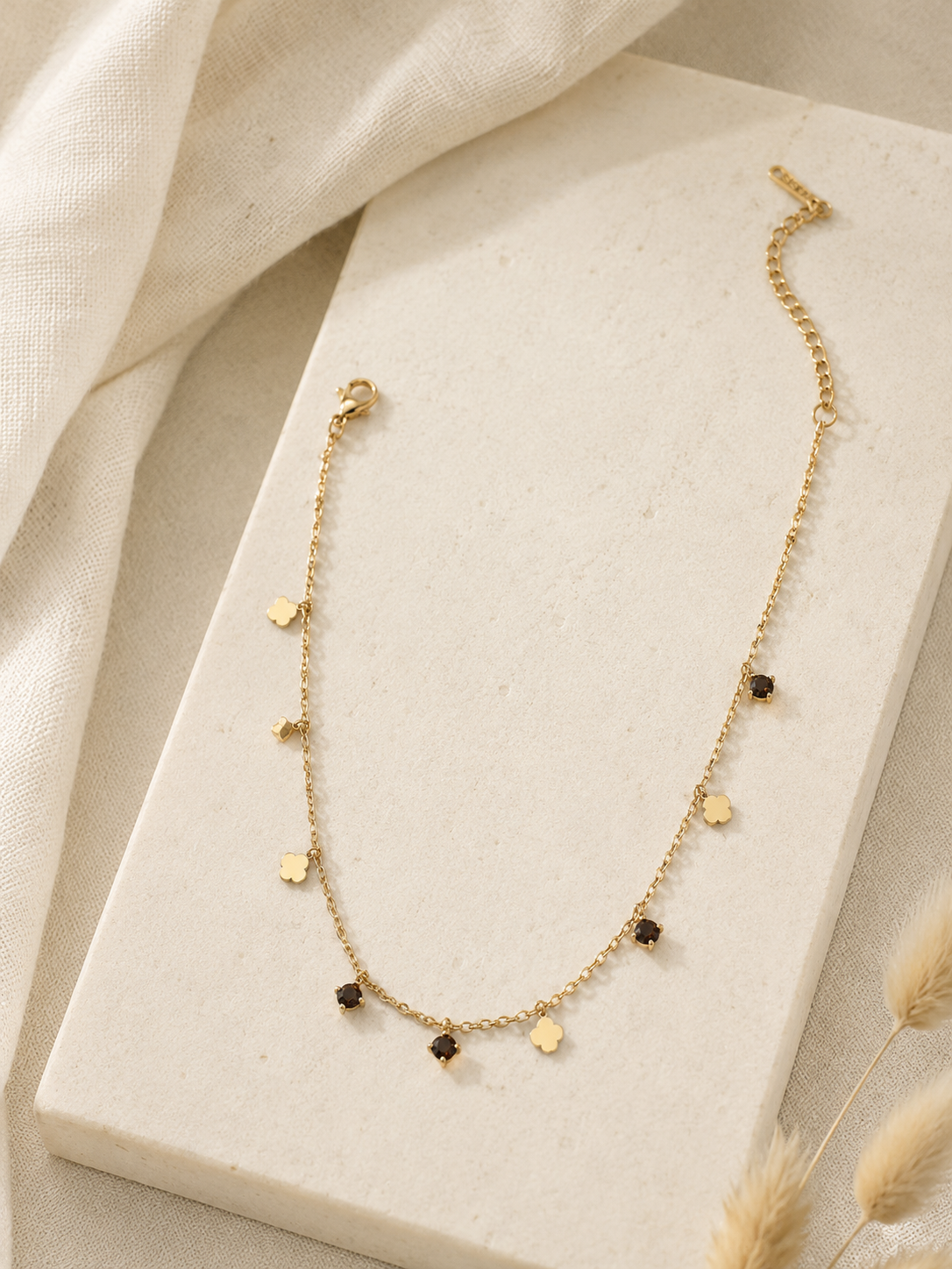Trèfle & Brun Clover Charm Anklets with Dark CZ Drops in Gold