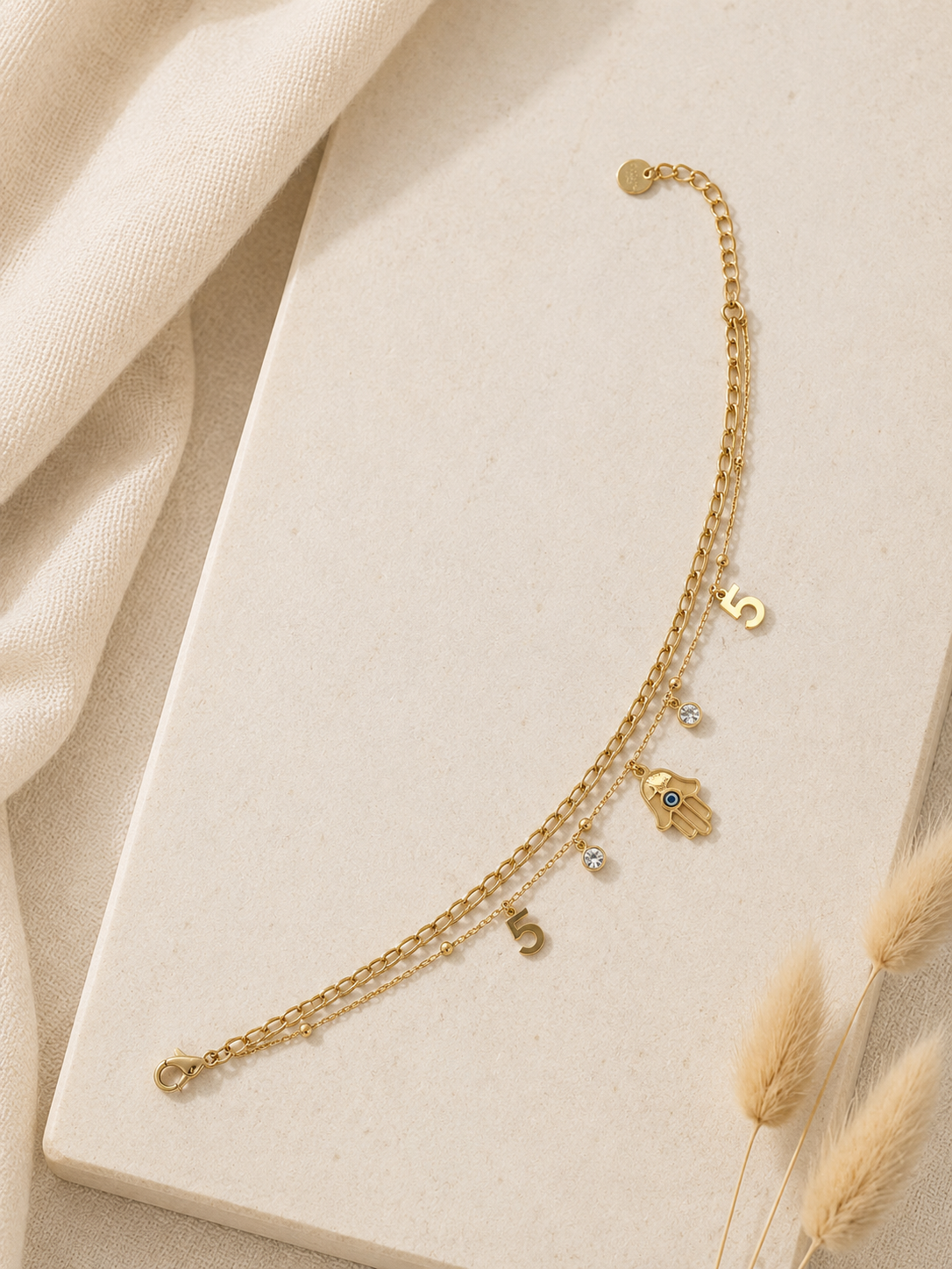 Khamsa Double-Layer Hamsa Charm Anklets in Gold