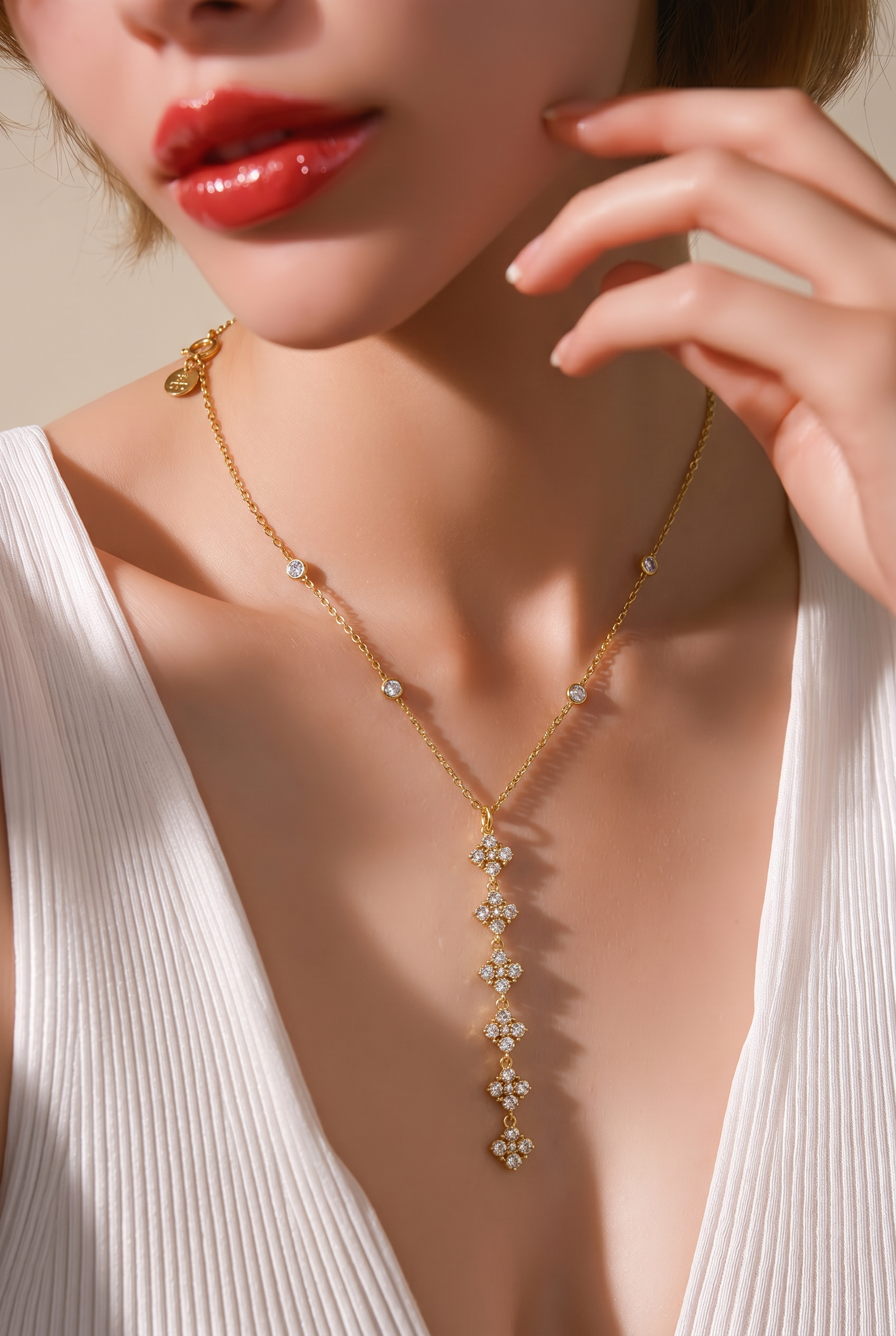 Fleur Cascade Pavé Clover Lariat Necklace in Gold