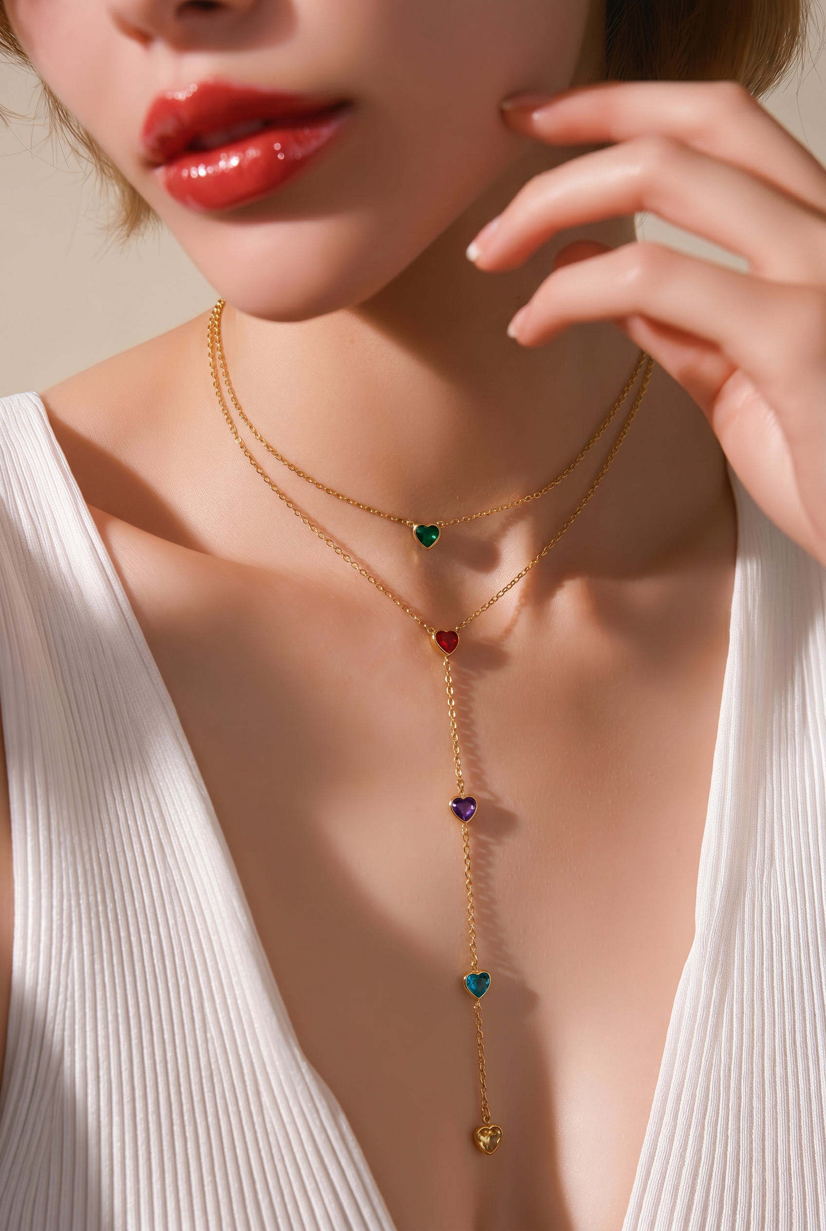 Arc-en-Ciel Multicolor Heart Lariat Necklace in Gold